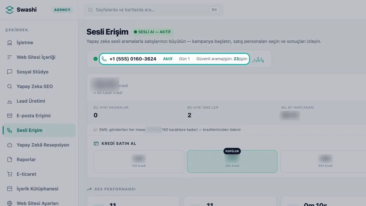 Sesli Erişim'in üst kısmında vurgulanan, 555'li bir numara, Aktif durumu, ısınma günü ve Güvenli arama/gün sayısını gösteren numara kartı
