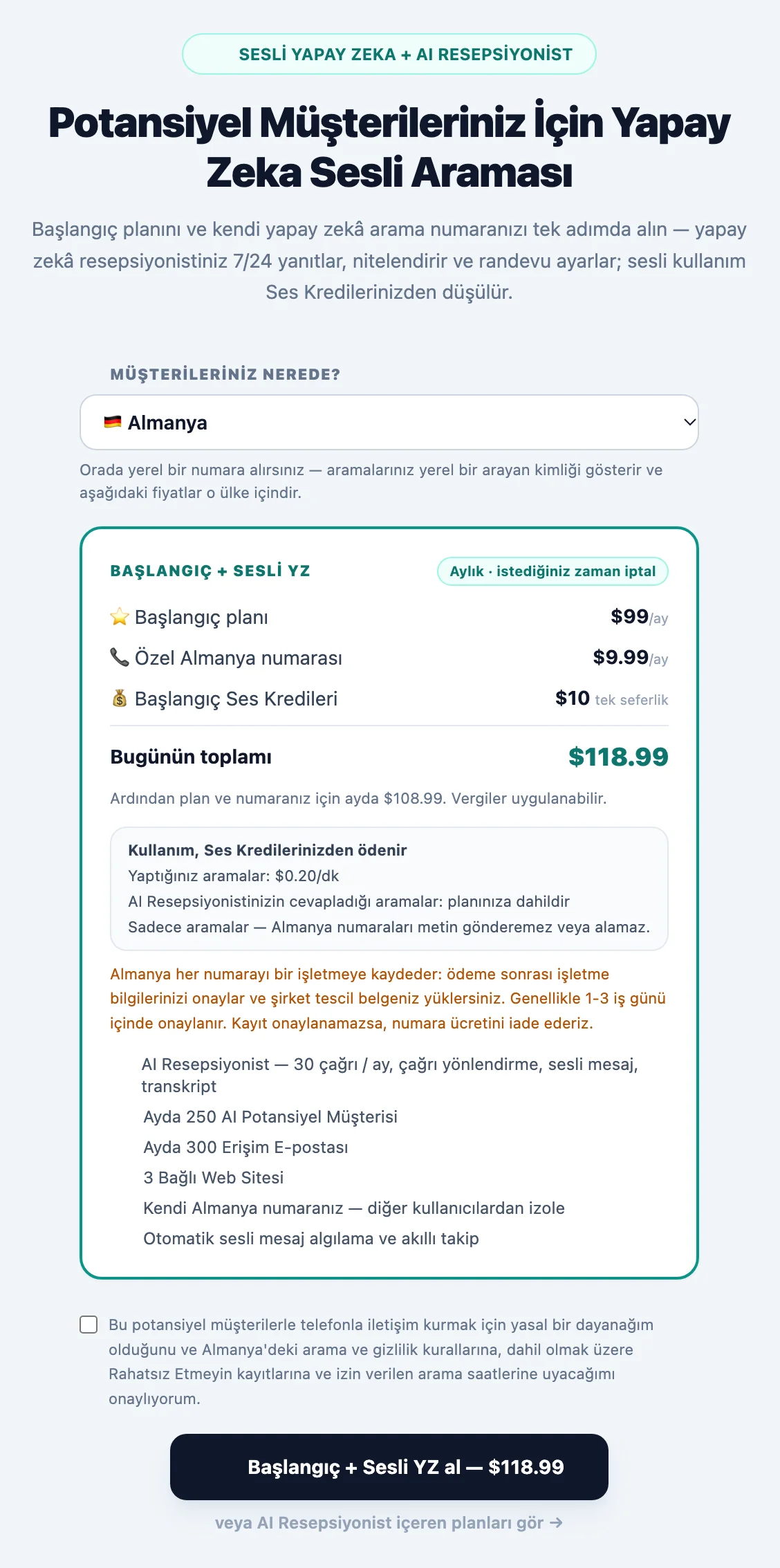 Müşterileriniz nerede? ülke menüsü, plan, özel yerel numara, başlangıç kredileri, arama ve mesaj ücretleri ile o ülkenin kayıt notunu içeren Sesli Erişim etkinleştirme kartı