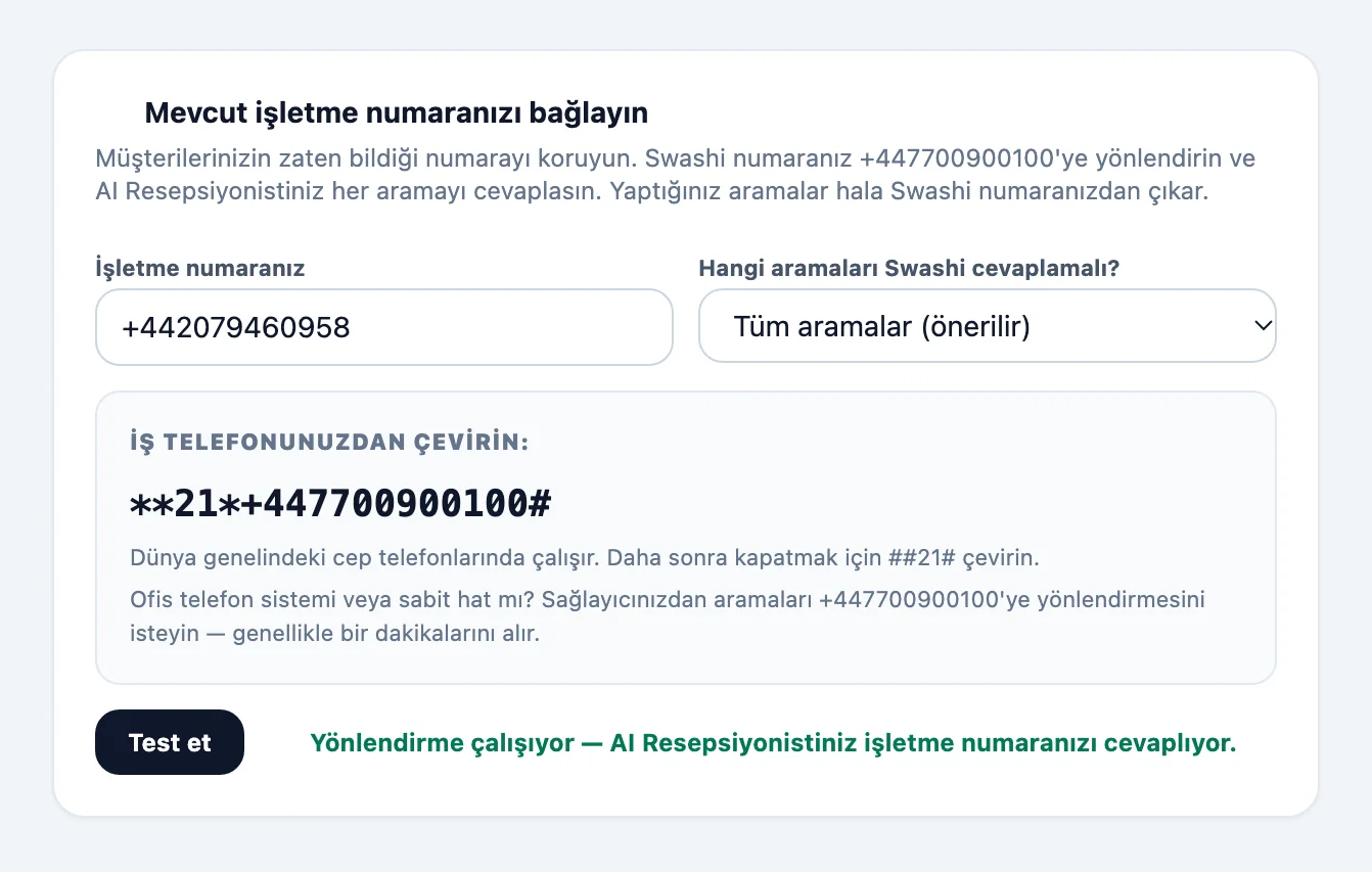Sesli Erişim'deki Mevcut işletme numaranızı bağlayın kartı; işletme numarası, Hangi aramaları Swashi cevaplamalı? menüsü, kopyalanacak tuşlama kodu ve Test et düğmesiyle birlikte