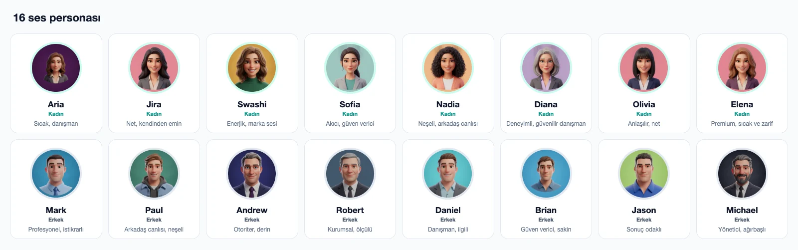 16 Swashi ses personası: Aria, Jira, Swashi, Sofia, Nadia, Diana, Olivia ve Elena (kadın); Mark, Paul, Andrew, Robert, Daniel, Brian, Jason ve Michael (erkek), her biri kendi konuşma tonuyla