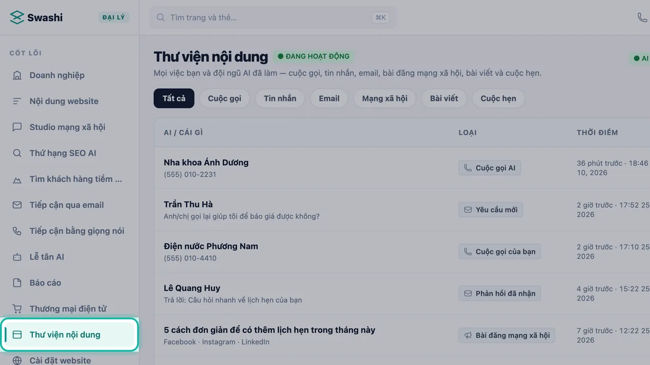 Thư viện nội dung được làm nổi bật trong thanh bên của Swashi, với tab Tất cả hiển thị các cuộc gọi, một yêu cầu, một phản hồi và một bài đăng mạng xã hội