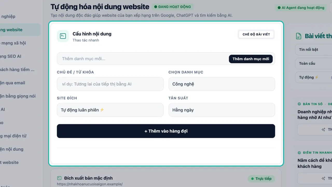 Bảng Cấu hình nội dung được làm nổi bật với Chủ đề / Từ khóa, Chọn danh mục, Site đích, Tần suất và nút Thêm vào hàng đợi