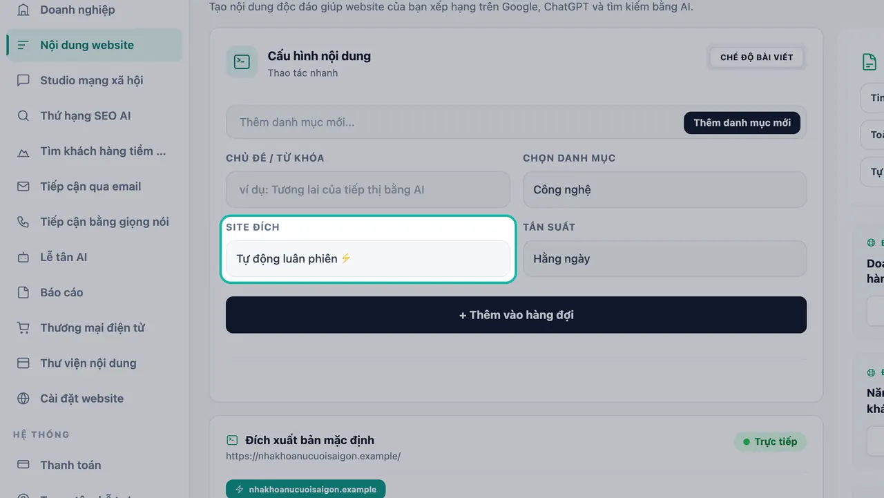 Ô Site đích được làm nổi bật trong Cấu hình nội dung và đang đặt là Tự động luân phiên