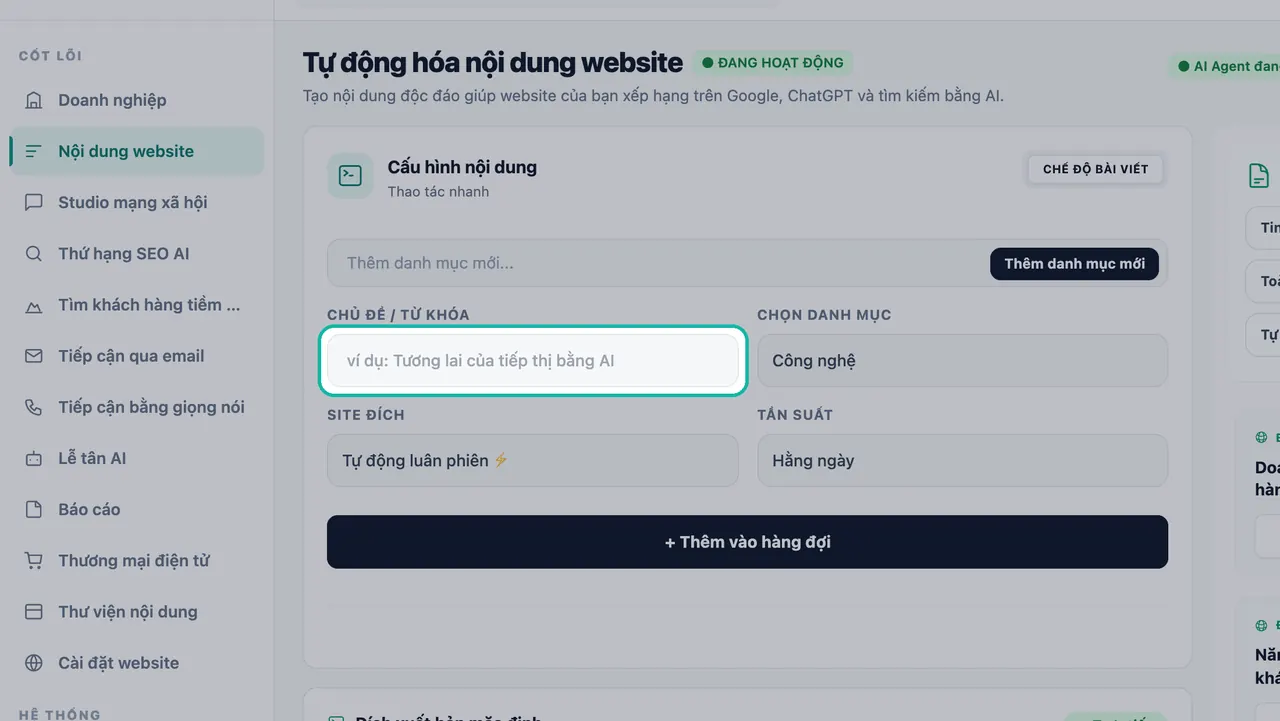 Ô Chủ đề / Từ khóa được làm nổi bật trong Cấu hình nội dung với dòng gợi ý Tương lai của tiếp thị AI