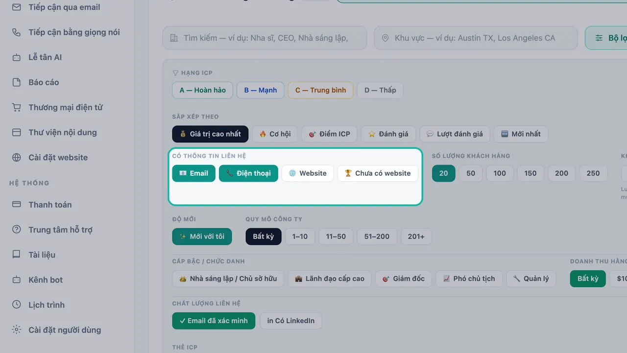 Bộ lọc Có thông tin liên hệ được làm nổi bật với Email và Điện thoại được bật