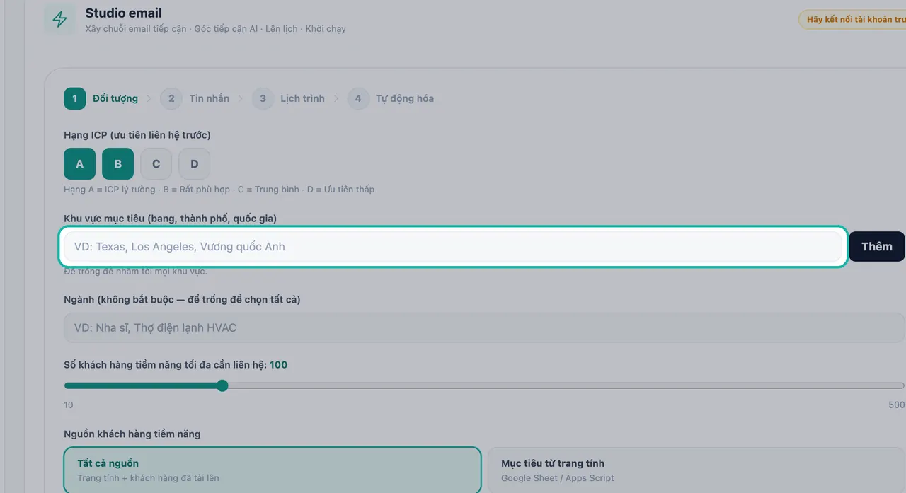 Ô Khu vực mục tiêu được làm nổi bật trong bước Đối tượng của Studio email, kèm nút Thêm