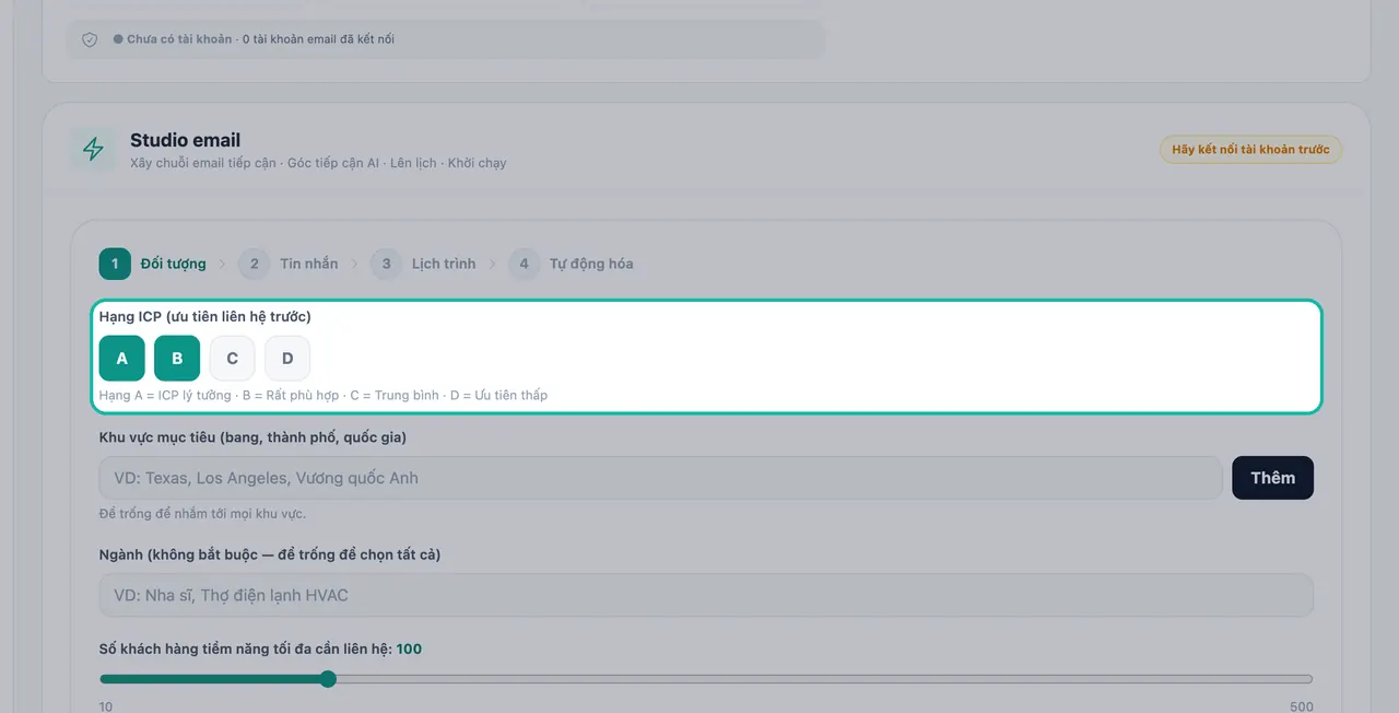 Bước Đối tượng trong Studio email với hạng A và B được chọn trong mục Hạng ICP