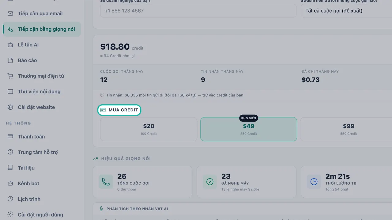 Tiêu đề Mua credit được làm nổi bật trong ví Tiếp cận bằng giọng nói, phía trên các gói credit giọng nói