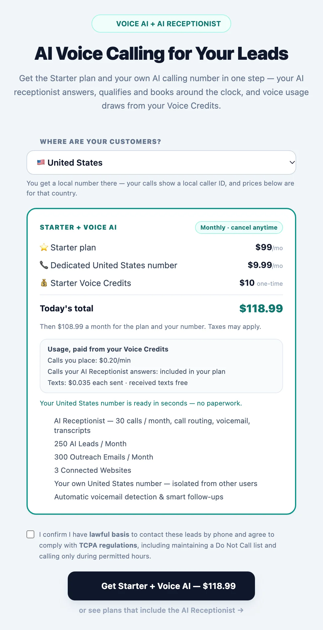 Voice Outreach activation card with the Where are your customers? country menu, the plan, the dedicated local number, starter credits, the call and text rates and the registration note for that country