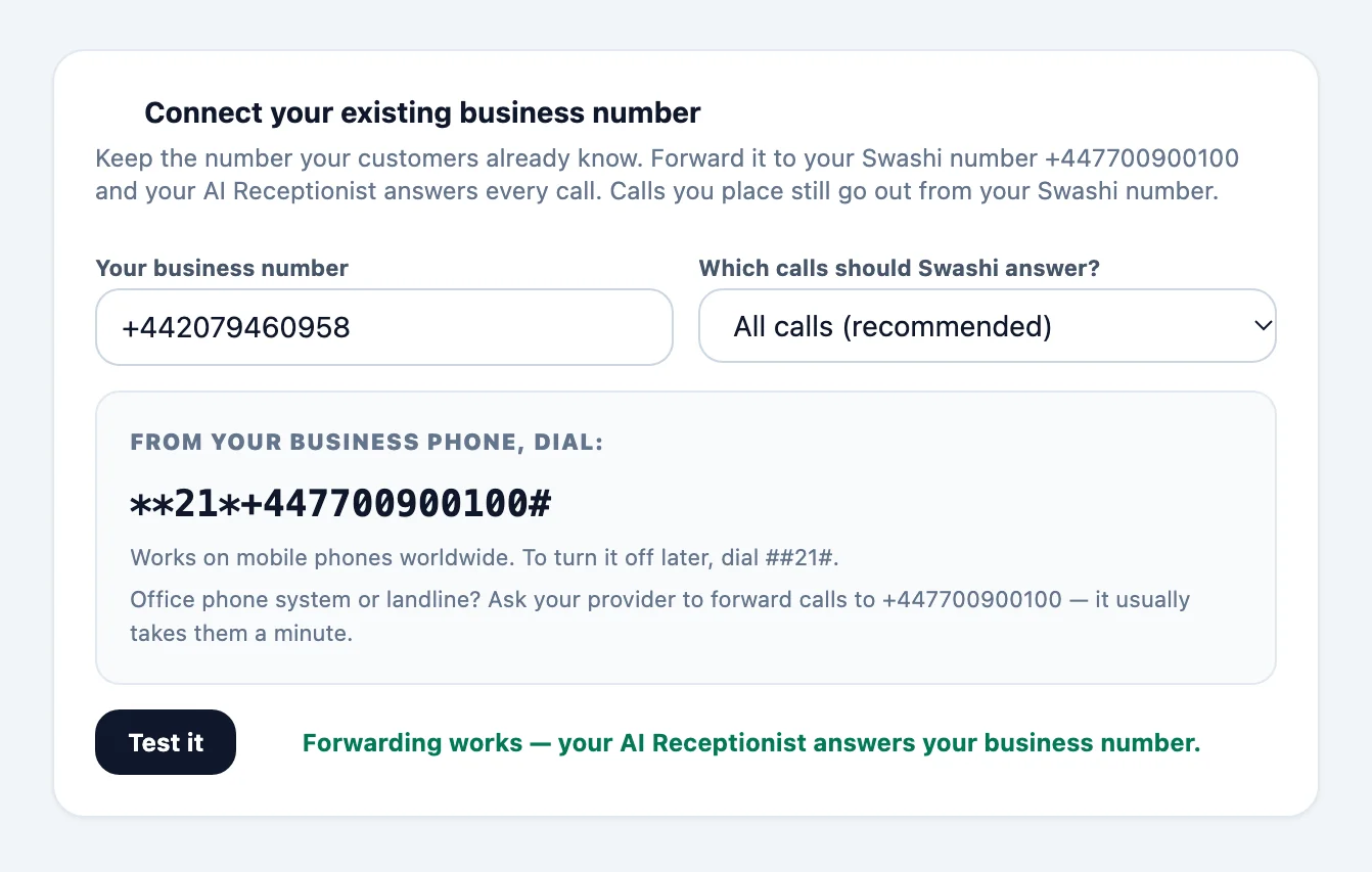 Connect your existing business number card in Voice Outreach with the business number, the Which calls should Swashi answer? menu, the dial code to copy and the Test it button