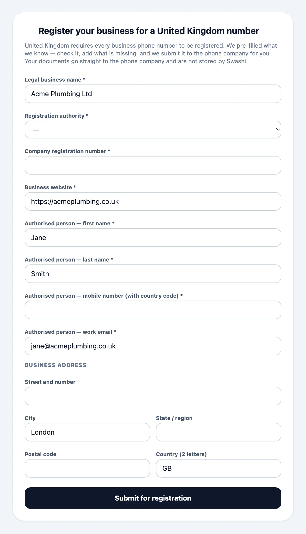 Business registration form for a local number, pre-filled from the Business profile, with the legal business name, registration details, the authorised person and the business address
