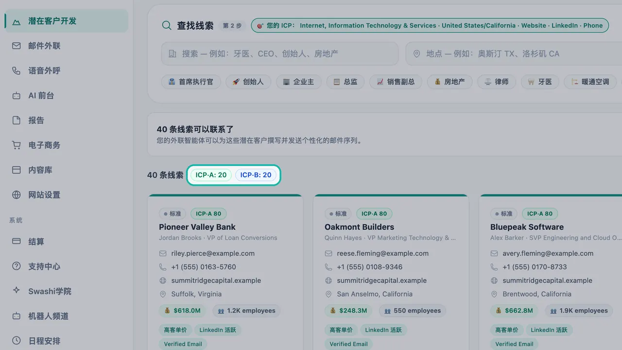 线索卡片上方高亮显示的结果计数器 ICP-A: 20 和 ICP-B: 20