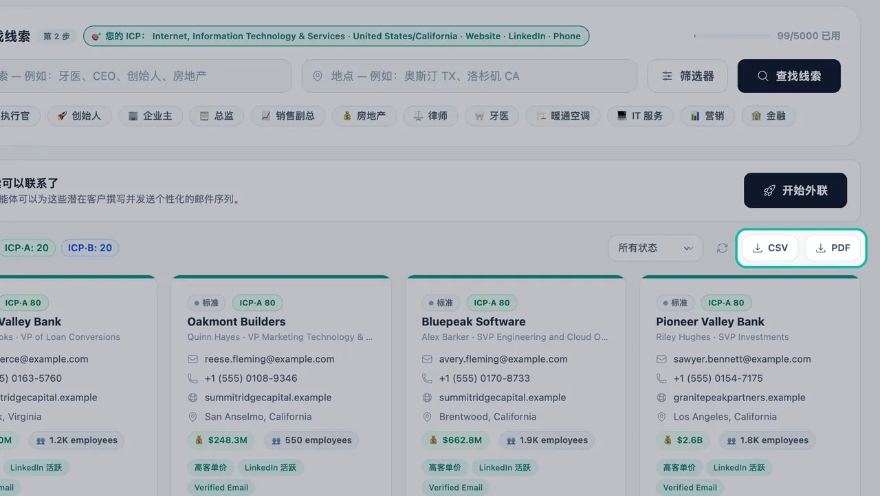 在“潜在客户开发”中,线索卡片上方高亮显示的 CSV 和 PDF 导出按钮