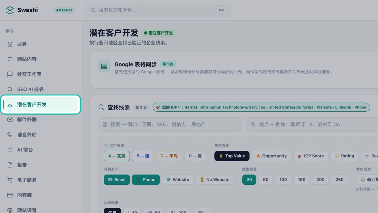 Swashi 侧边栏中高亮显示的“潜在客户开发”,页面上显示“Google 表格同步”和“查找线索”面板