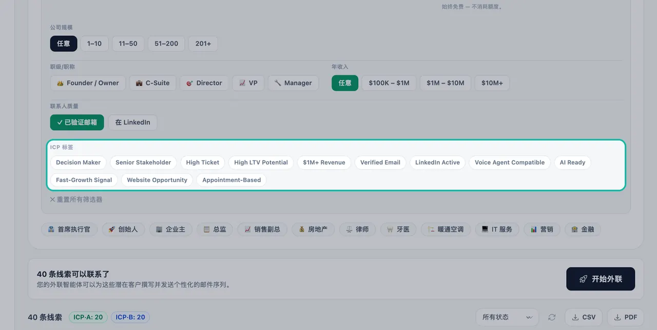 突出显示的筛选器面板 ICP 标签部分，列出了决策者、高级利益相关者、高客单价、已验证邮箱、兼容语音代理、AI 就绪等标签