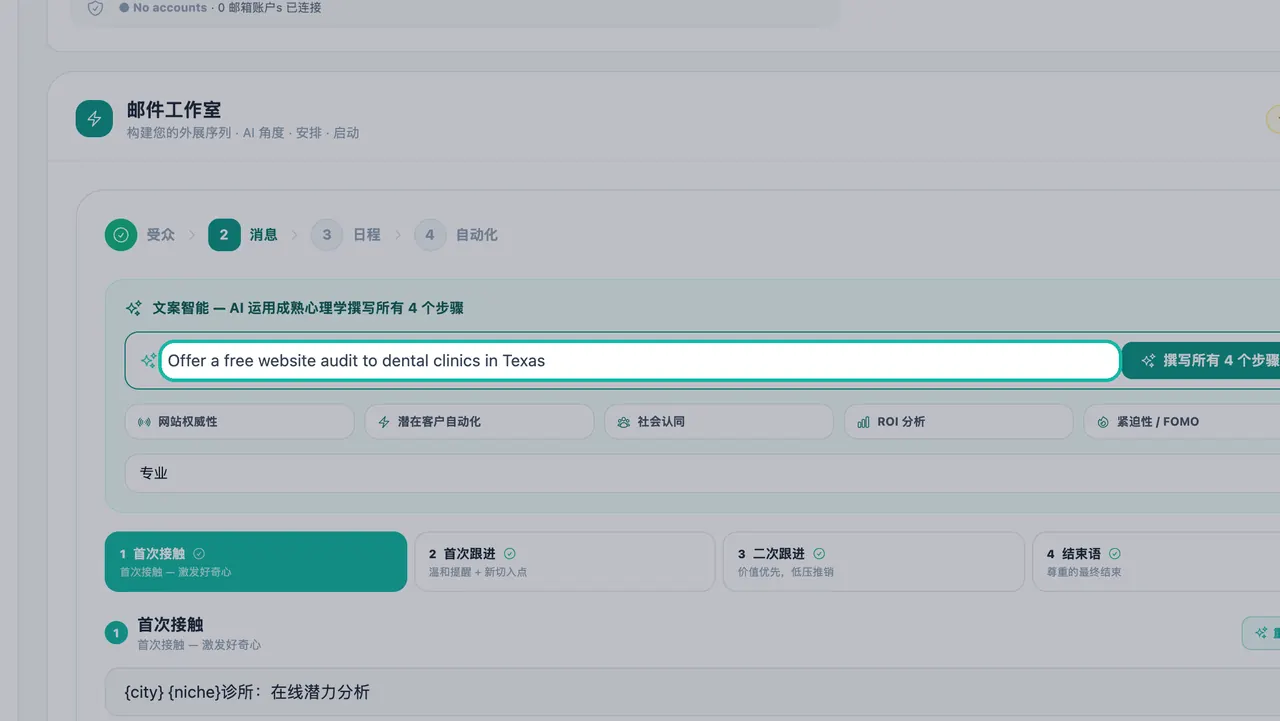 “消息”步骤中突出显示的 Copy Intelligence 方案描述字段,文本为“为德克萨斯州的牙科诊所提供免费网站诊断”
