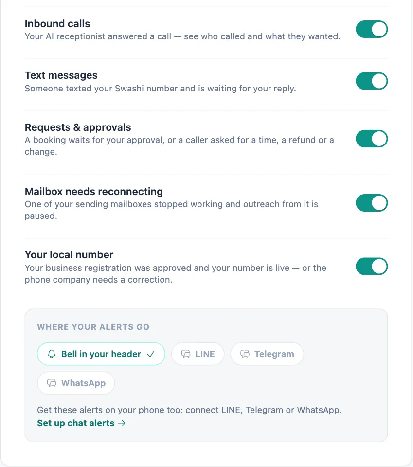 Notifications: alert switches including Requests & approvals and Mailbox needs reconnecting, and where your alerts go