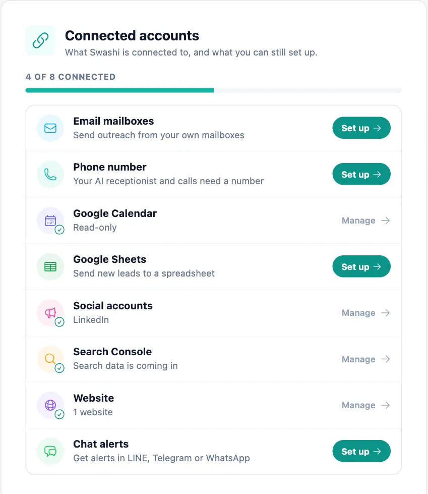 Connected accounts: each account with its status and a Set up, Fix or Manage button