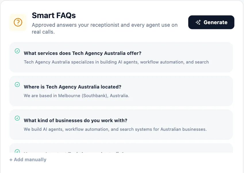 Smart FAQs: approved questions and answers with the Generate button