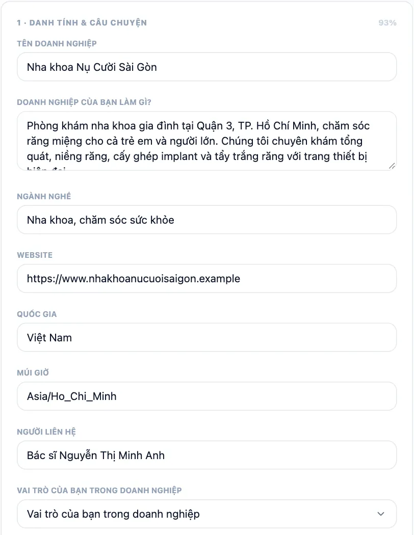 Bộ não doanh nghiệp, Danh tính và câu chuyện: tên doanh nghiệp, lĩnh vực kinh doanh, ngành, website, quốc gia, múi giờ và thông tin liên hệ