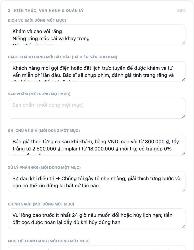 Bộ não doanh nghiệp, Kiến thức: dịch vụ, cách khách hàng mới bắt đầu, sản phẩm, ghi chú về giá, cách xử lý phản đối và chính sách